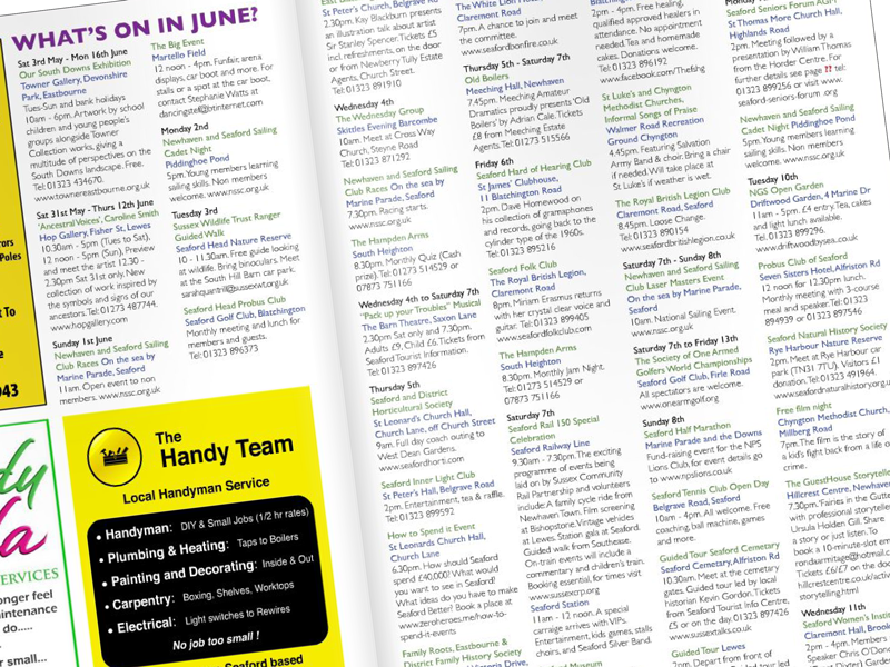 Publishing layout 'what's on guide' by freelance artworker using indesign or canva