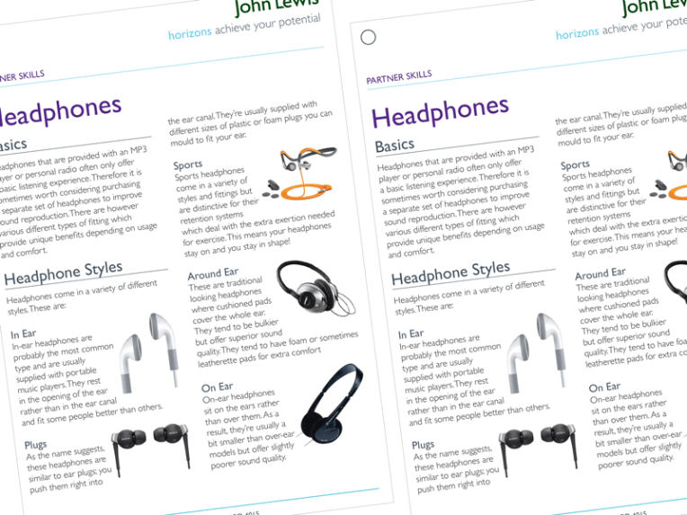 Strict design brand guidelines for John Lewis product learning guides by Freelance Artworker Sarahjane Jackson Brighton